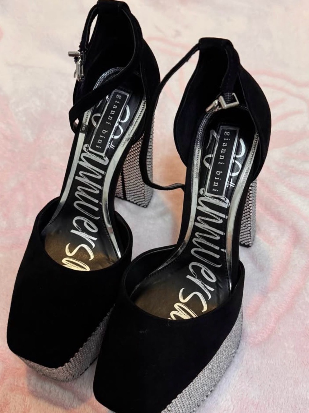 Gianni Bini Black Platform Sandals with Rhinestone Silver Heel